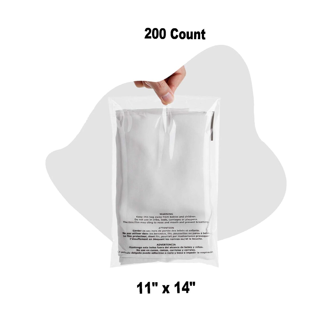 200 Count Resealable Cello Bags 11" x 14" Clear Polypropylene Self Seal Packaging with Warning